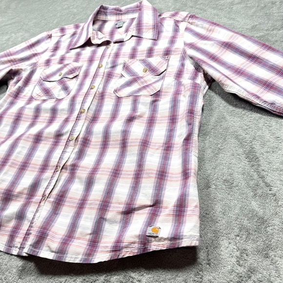 Carhartt Women’s XL Plaid Button Down Shirt Pink Purple Cotton Blend Workwear - Picture 3 of 9